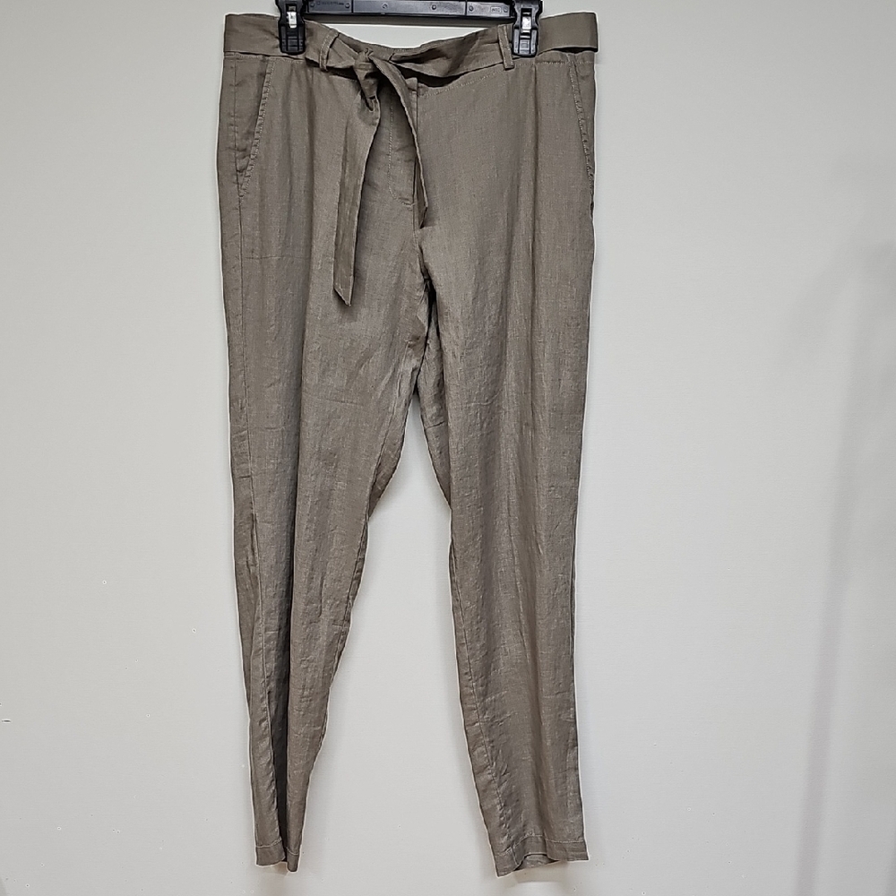 Eileen Fisher Linen Slim Trousers with Tie Waist, Color Stone, Sz Medium, New
